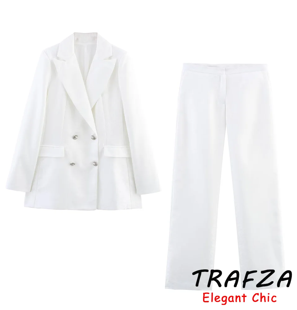 

TRAFZA-Women Elegant White Blazer Set Double-breasted Slim Blazer Loose Suit Pant 2025 Spring Fashion High Street Commuter Set