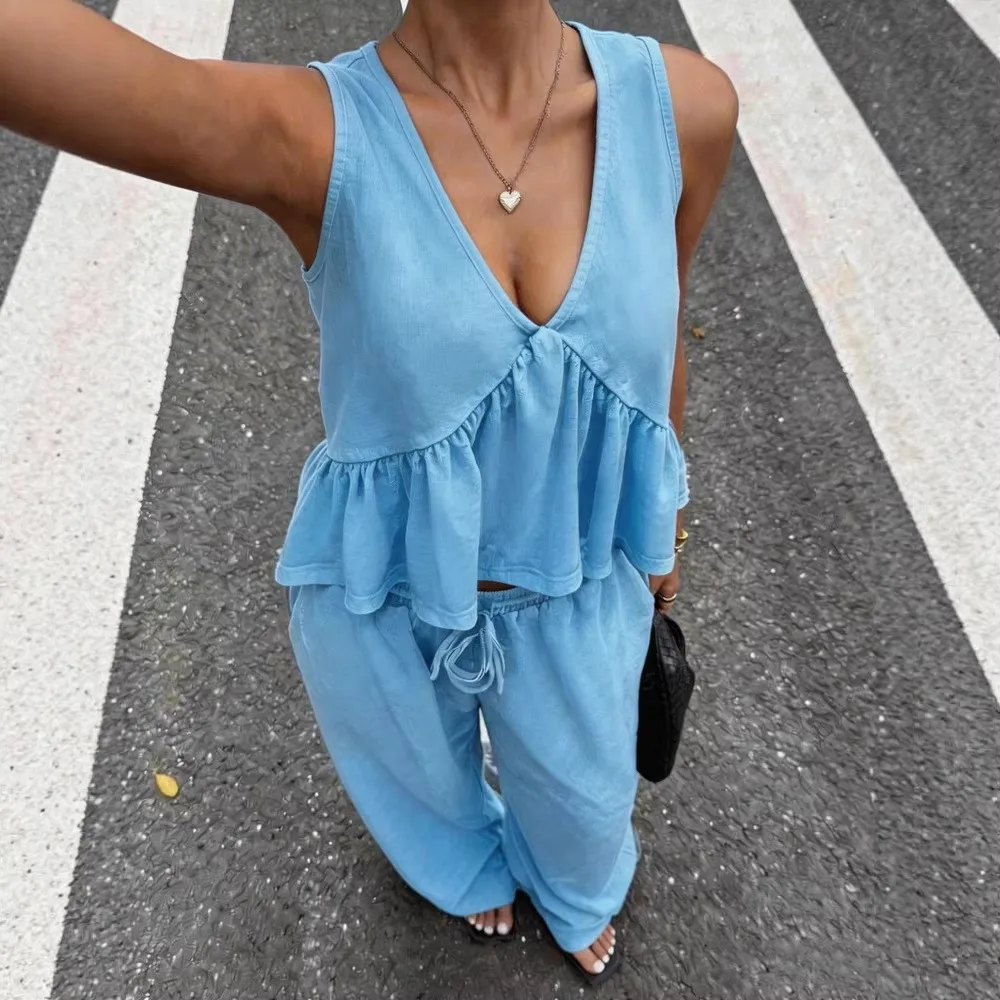 

Sexy Deep V Neck Tank Tops Trousers Women 2 Piece Summer New Fashion Splicing Pleated Casual Waist Lace Up Trousers Set Female