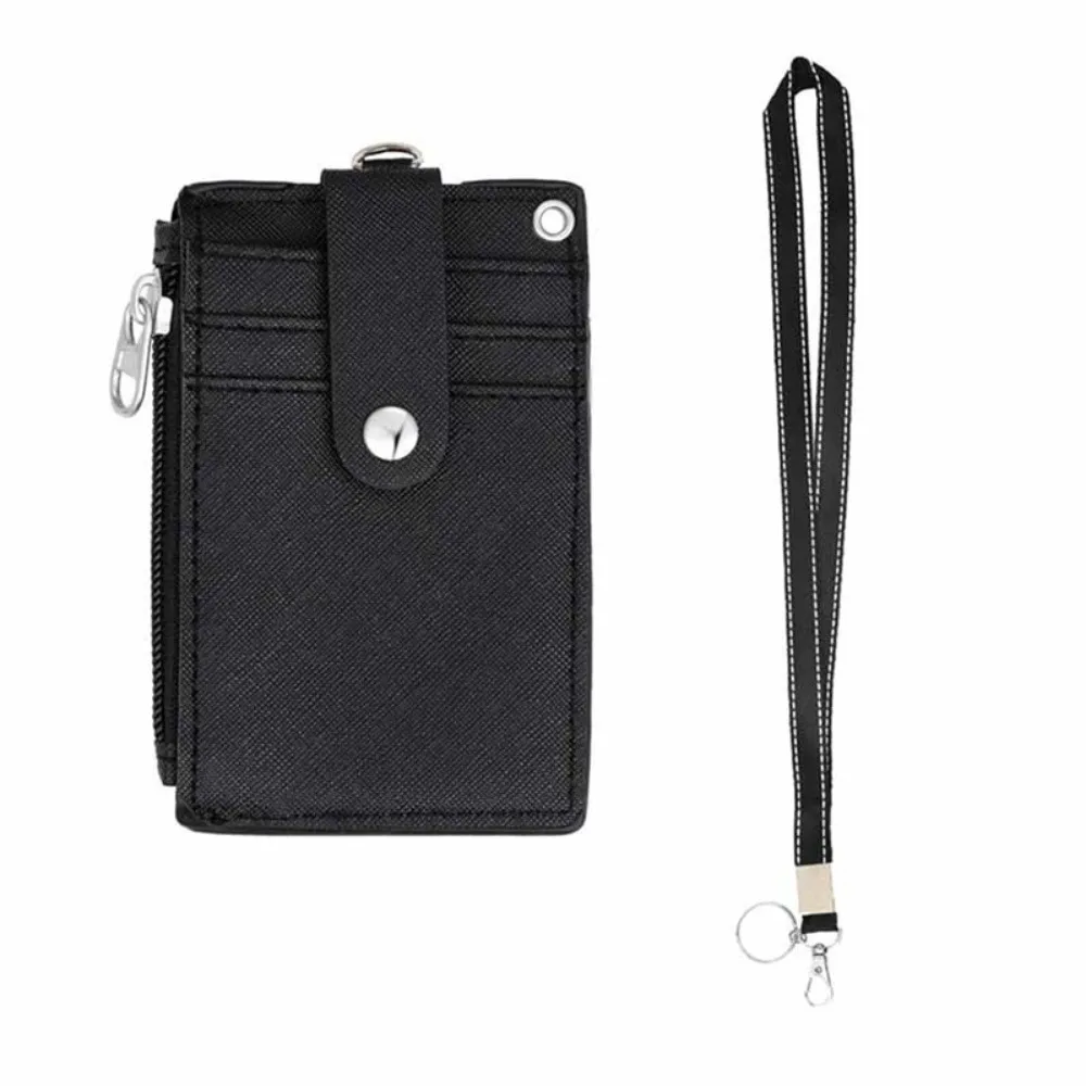 5 Card Slot Design Coin Purse Wallet Zipper Pocket with Lanyards Neck Strap Credit Card Holder PU Leather Multi-compartment