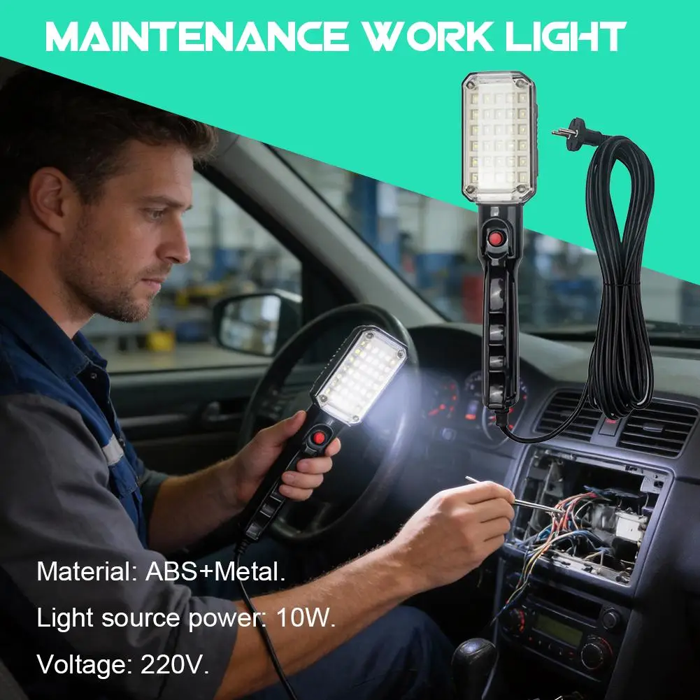 Luz de trabajo LED portátil con imán y cable de alimentación, luz de reparación automotriz para mantenimiento de automóv