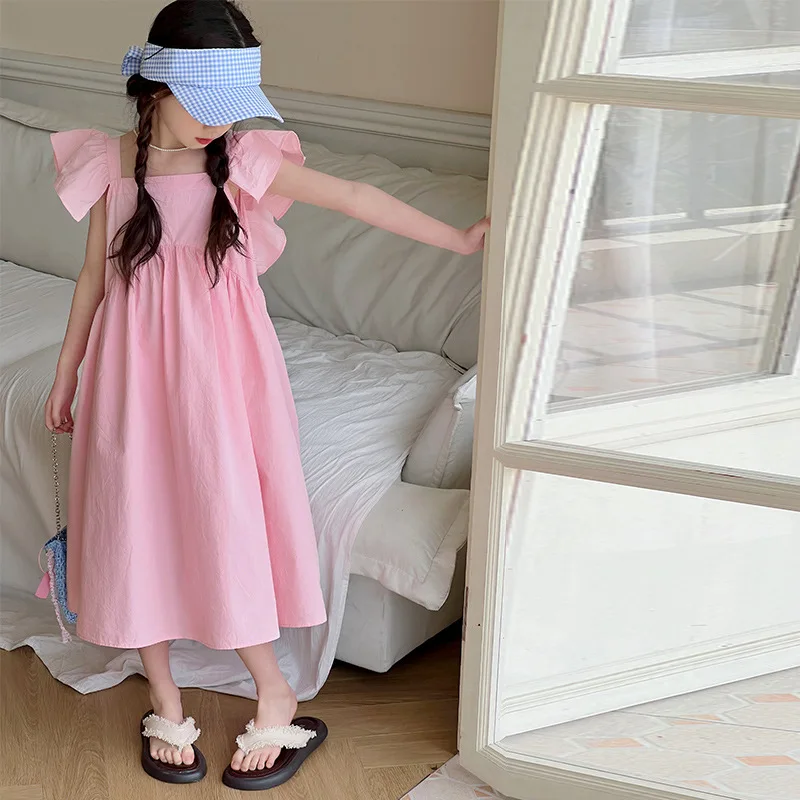 

2025 Korean Summer School Girl Dress Teenager Girl Casual Solid Color One-piece Dress Children Girl Pink Flying Sleeve Dress