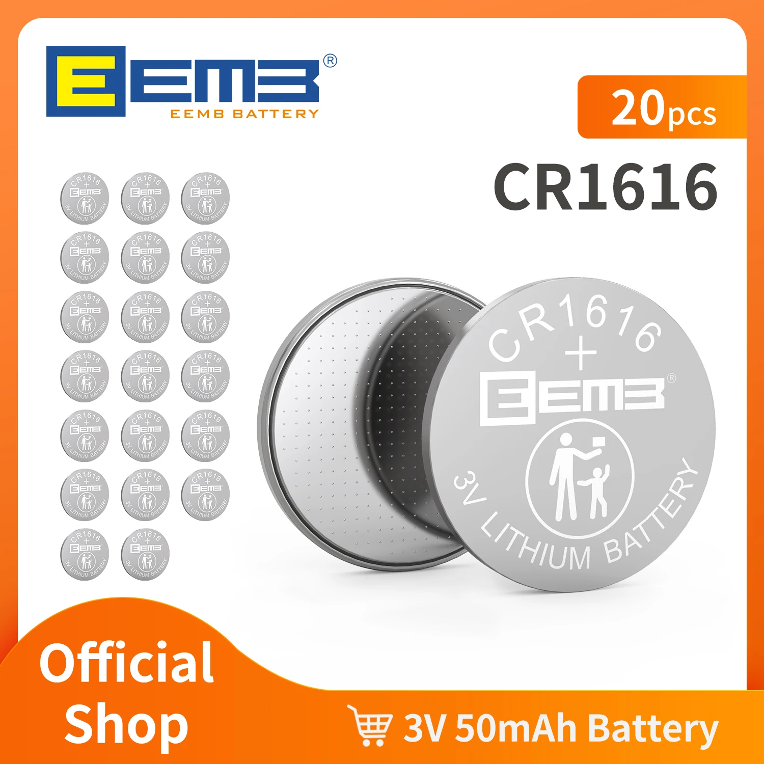 EEMB 20pcs CR1616 3V 50mAh แบตเตอรี่ปุ่มแบตเตอรี่ลิเธียมแบบชาร์จไฟไม่ได้สำหรับเครื่องชั่งน้ำหนักกุญแจรถ pedometer เครื่องวัดอุณหภูมิ