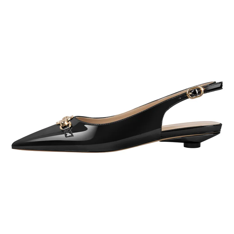 Onlymake Women Pointed Toe Black Patent Leather Round Heel Slingback Flats Strap Retro Elegant Plus Size Daily Shoes