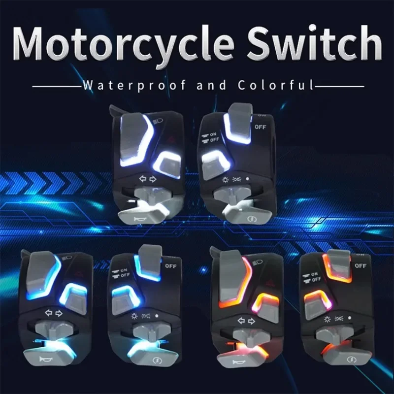 

22mm 2pcs Handlebar Motorcycle Switches Headlight Warning Light Turn Signal Horn Start Kill Button with LED E-bike ATV Switch