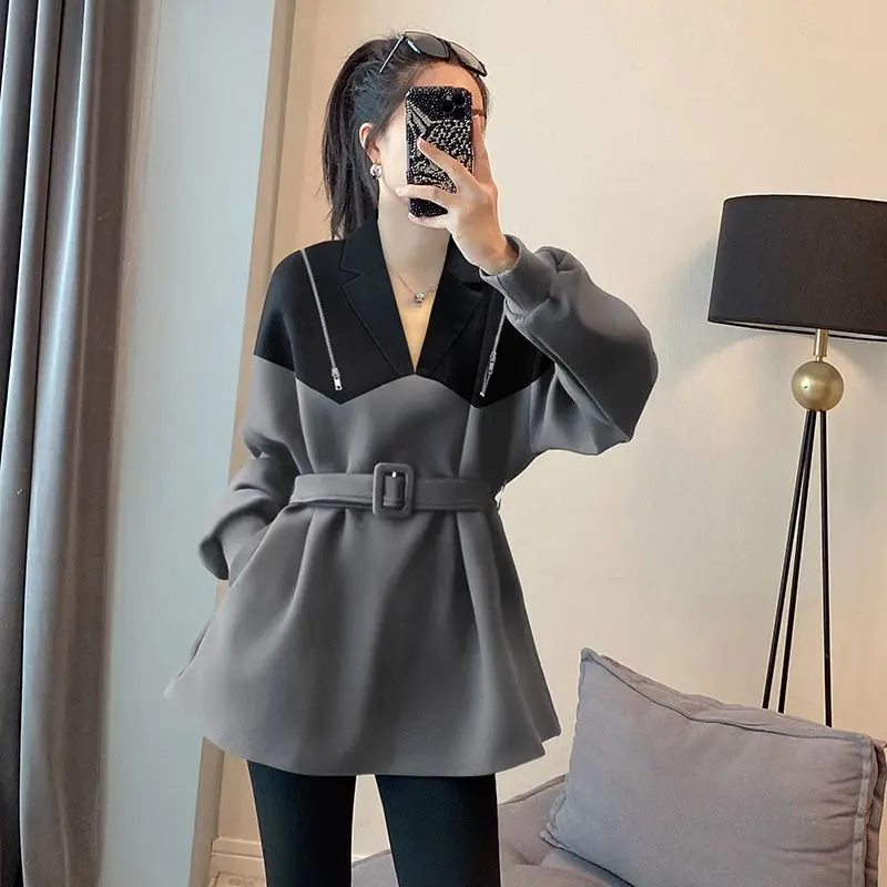 Large waist polo collar hoodie for women\'s spring new loose design with patchwork top hoodies oversized hoodie
