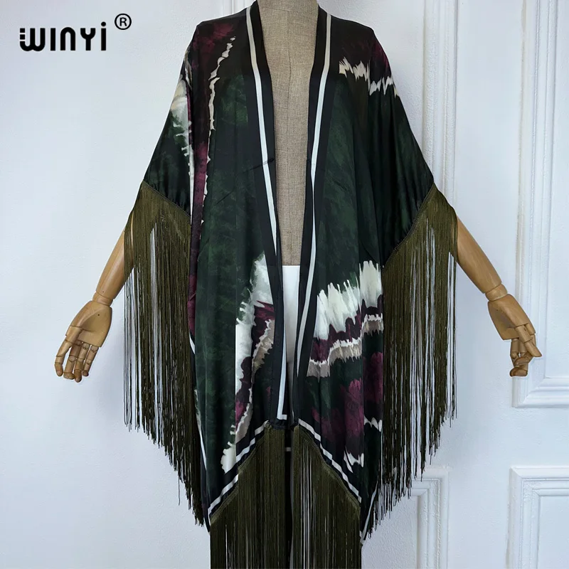 WINYI-kimono playero para mujer, Vestido largo de manga larga, cárdigan sexy con borlas, poncho para vacaciones, verano, 2024