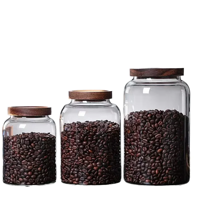 

Modern Eco-Friendly Airtight Glass Jar Set with Wood Lid for Food Storage of Beans Rice Sugar Coffee or Spices