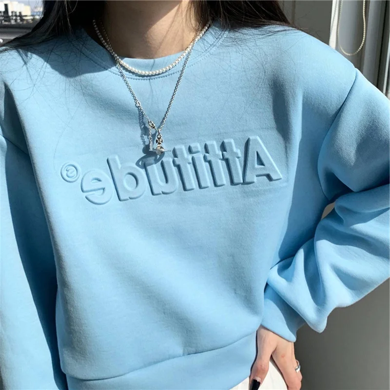 Spring Letter Sweatshirts Women Short Style Simple Sweet Korean Fashion Ins All-match Long Sleeve No Hat Hoodie Feminine Clothes