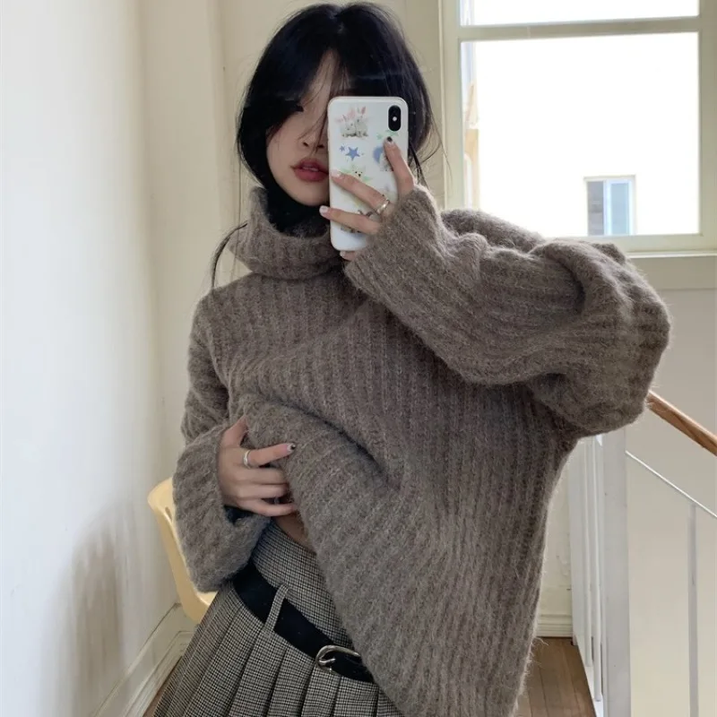 Women\'s Autumn Winter Turtleneck Knitted Sweater Jumpers Loose Basics Pullovers Outerwears 2023