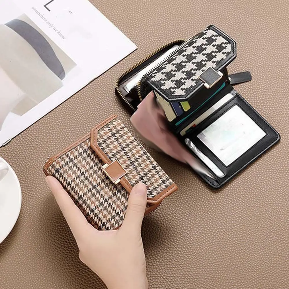 Multi-card Slot 2 in 1 Card Bag Korean Style PU Leather Houndstooth Short Wallet Card Holder Card Pocket Zipper Coin Purse Women