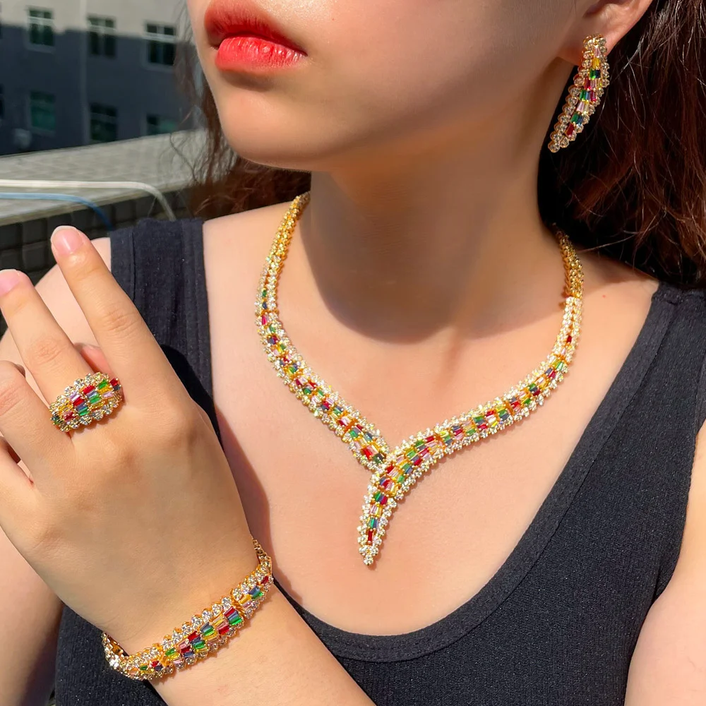 CWWZircons Heavy Stone Work Colorful Cubic Zirconia Luxury 4pcs Wedding Jewelry Set for Brides African Indian Gold Plated T653