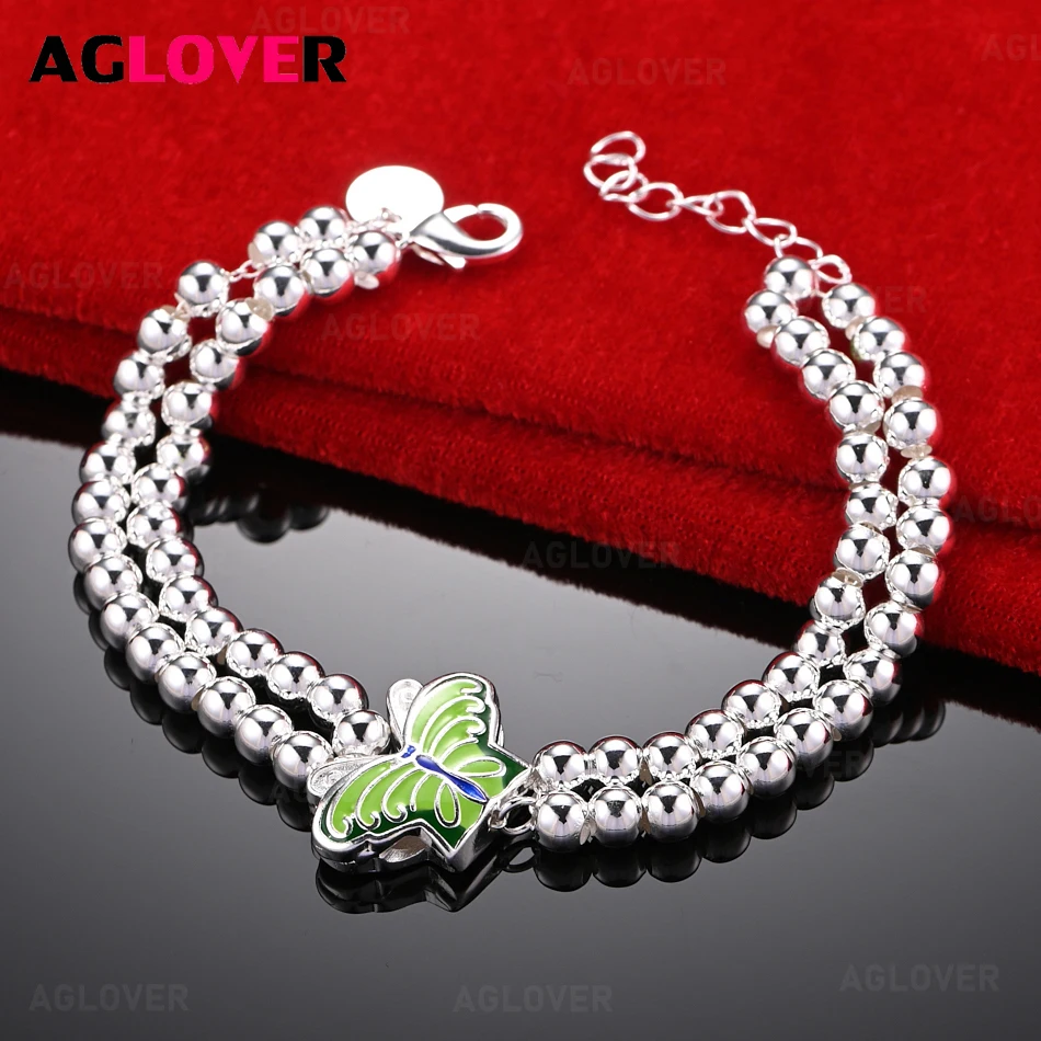 

AGLOVER 925 Sterling Silver Smooth Grape Beaded Green Butterfly Pendant Bracelet Woman Charm Fashion Party Jewelry
