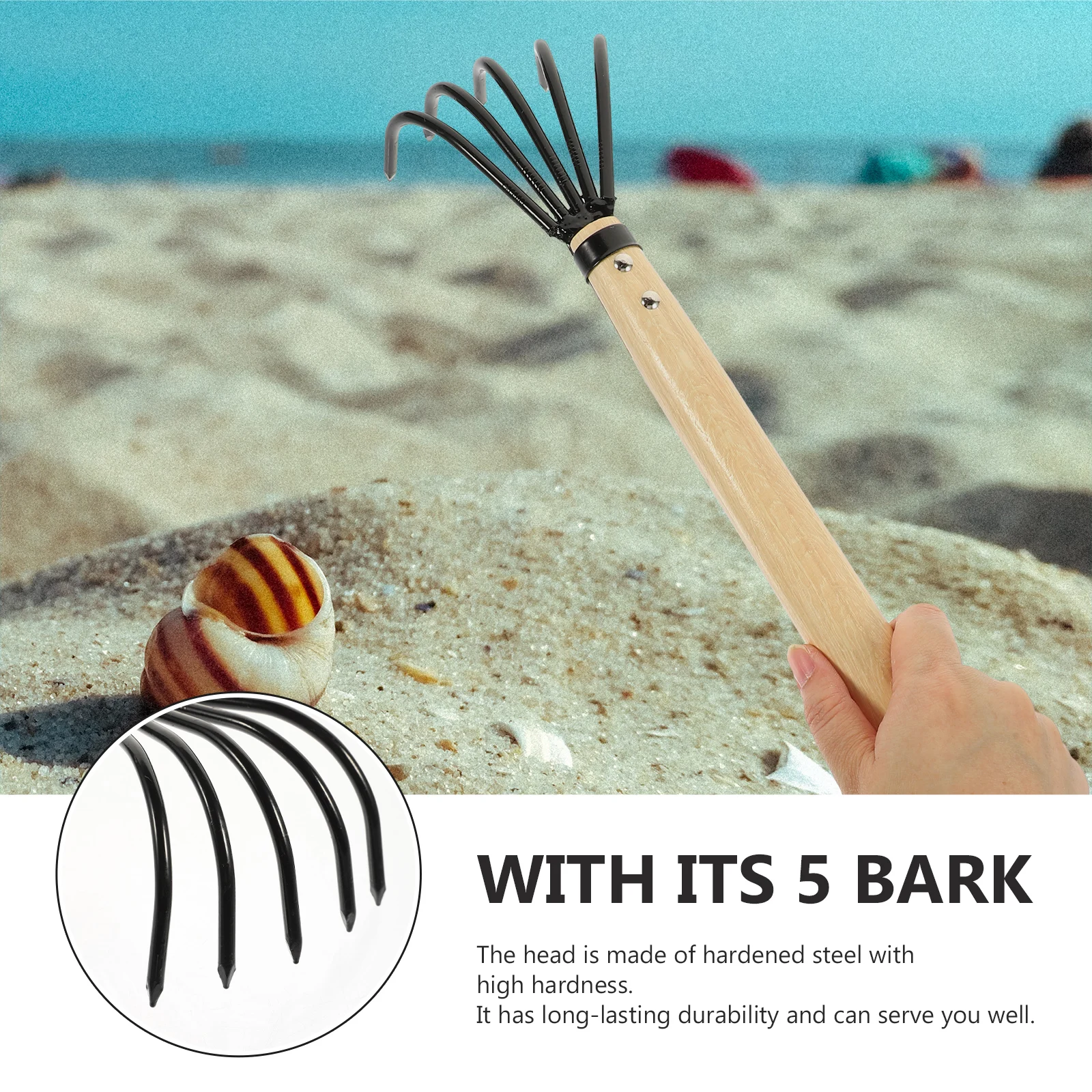 

Five Tooth Rake Small Sharp Teeth Carbon Steel Garden Tool Beach Shell Clam Rake Wood Handle Soil Loosening Tool Lightweight