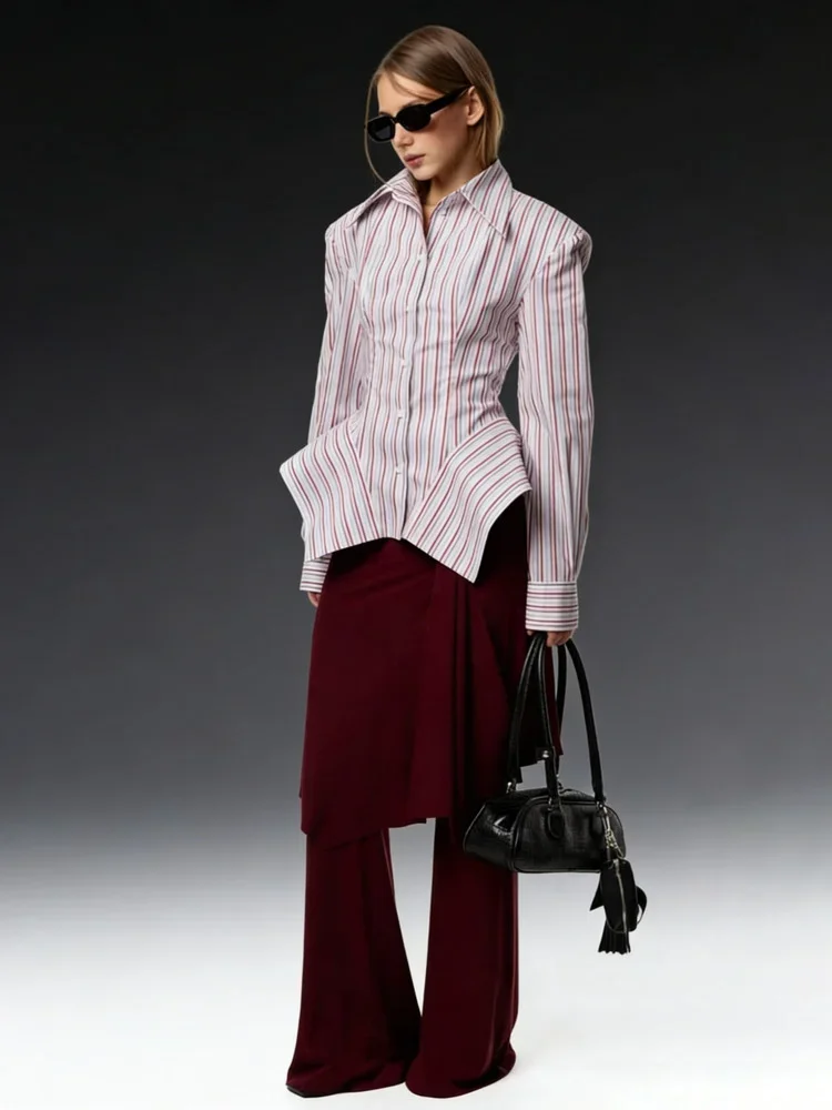 

DFDG Women 2026 Spring Summer Striped Blouse Pointed Collar Long Sleeve Ruched Waist Asymmetrical Hem Elegant Office Shirt