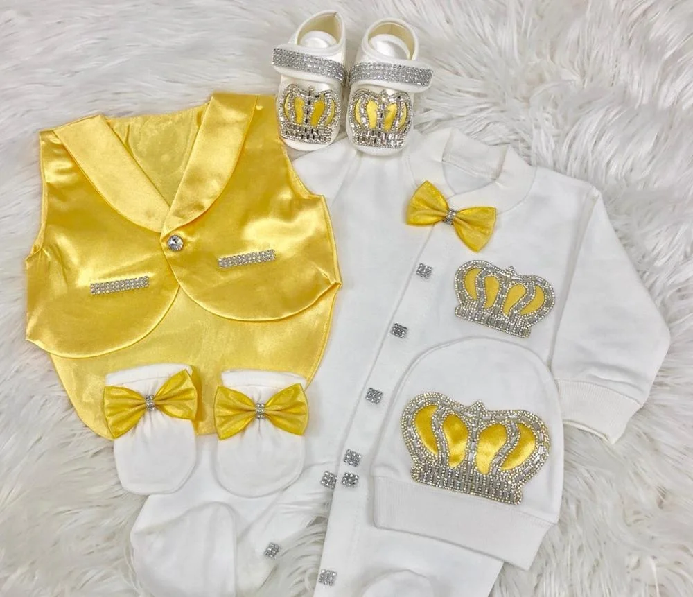 Dollbling wholesale Fabric Knitted Clothes New Born With Yellow Jewel Crown Long Sleeve Bubble Baby Romper Set