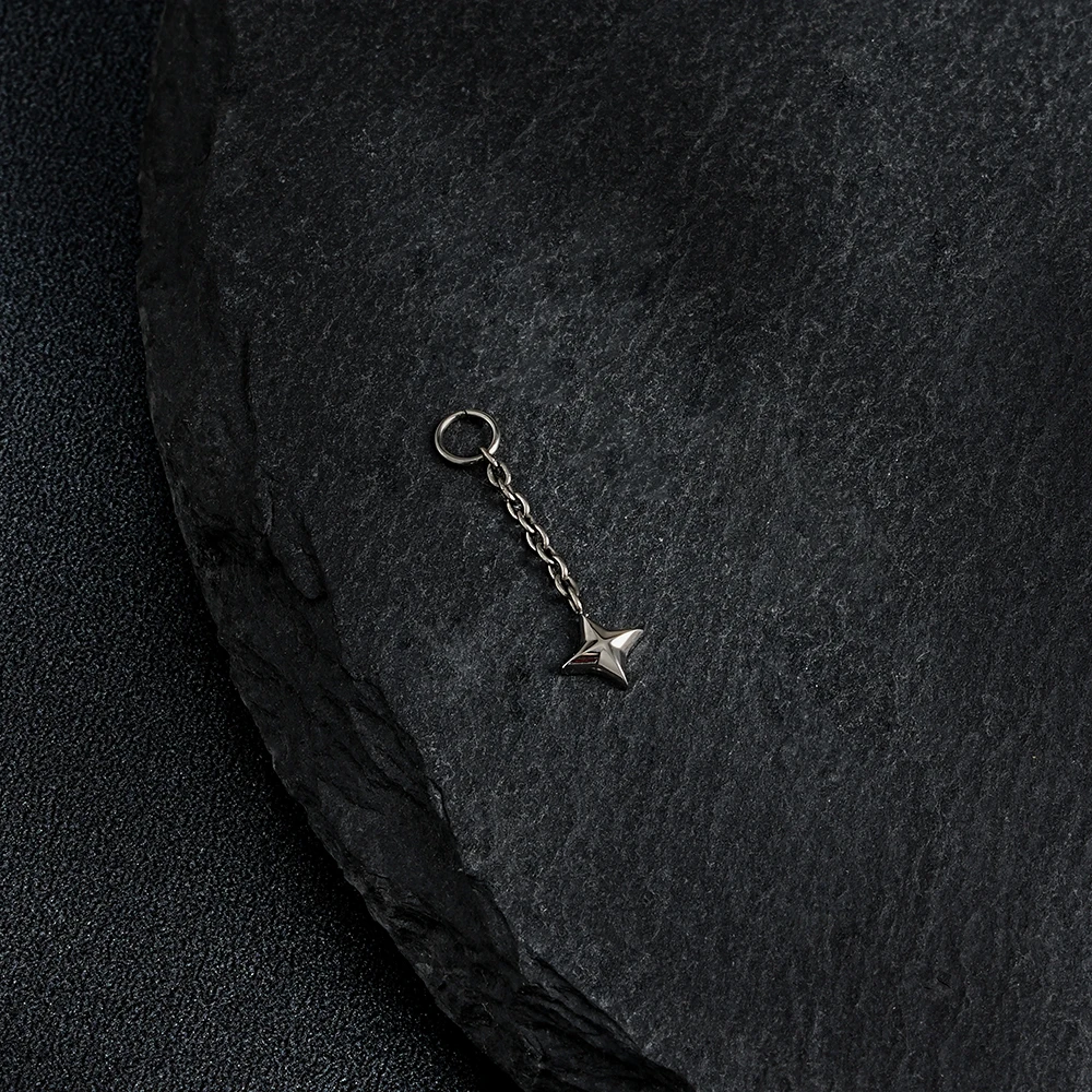 Right Grand ASTM F136 Titanium Mini Four Point Star Dangle Chain Charm for Helix Earlobe Hoop Huggie Earring Cartilage Tragus Nose Labret Lip Piercing Body Jewelry