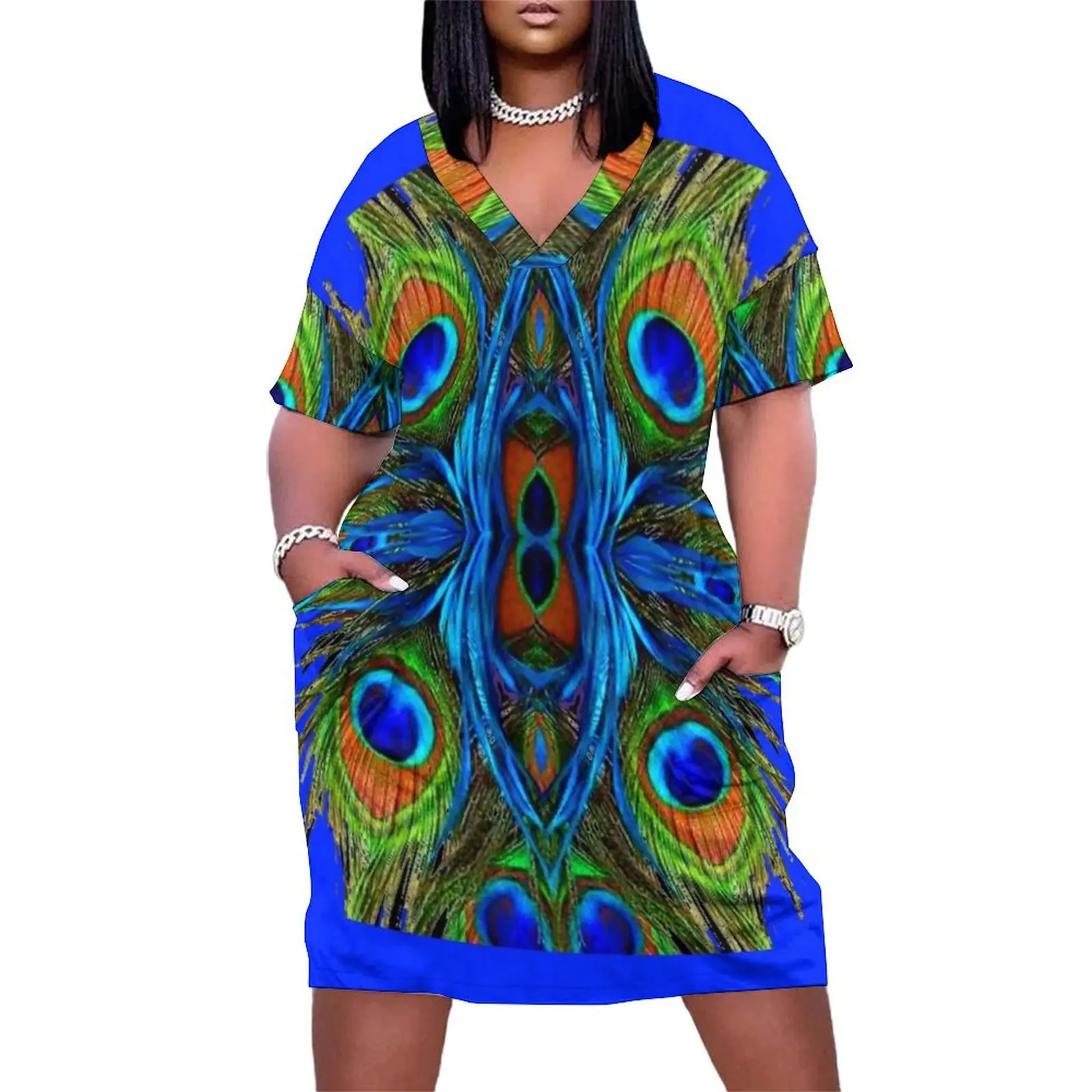 

AWESOME BLUE ON & BLUE PEACOCK FEATHER ART ABSTRACT PATTERN Loose Pocket Dress womens clothing women's summer dresses 2025