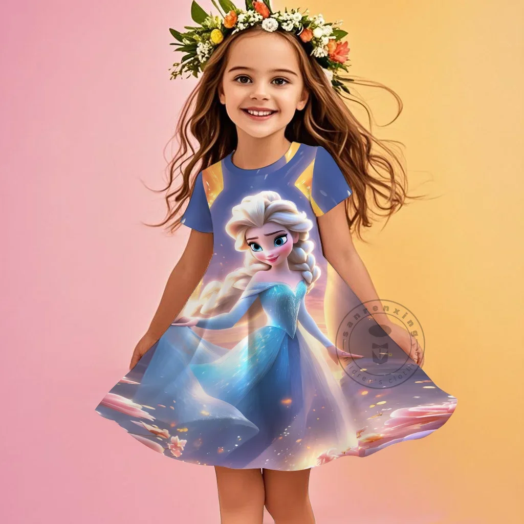 

Kawaii Princess Elsa Dress Casual Outfits Girl Summer Disney Classic Cute Pattern 3D-Printed Children Girl's Cute Dress
