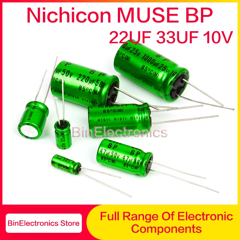 10Pcs 10V33UF Nichicon MUSE BP ES Nonpolar Bipolar HiFi Audio Capacitor 22uf 33uf 10V Copper feet Green Electrolytic capacitor