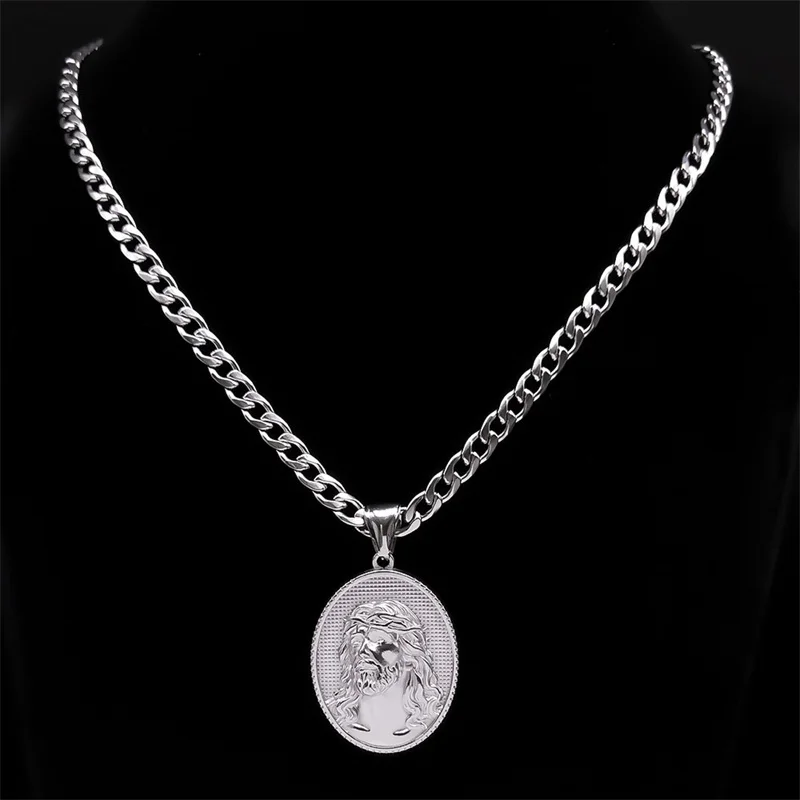 Crown of Thorns Jesus Medal Christian Men's Necklace 316 Stainless Steel Korean Silver Color Pendant Religious Necklaces Jewelry