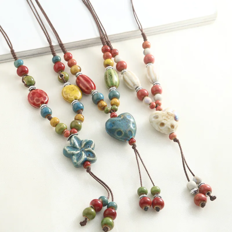 

Round Star Handmade Ceramic Necklace Adjustable Pendant in Gem Blue Boho Jewelry Long Pendant for Women