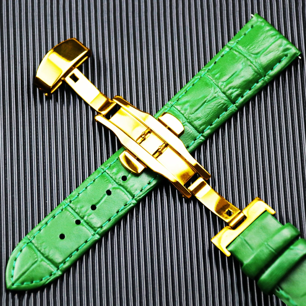 High Quality Genuine Leather Watch Strap Parts Accessories with Butterfly Buckle Green Purple  Black Watch Band Quick Release