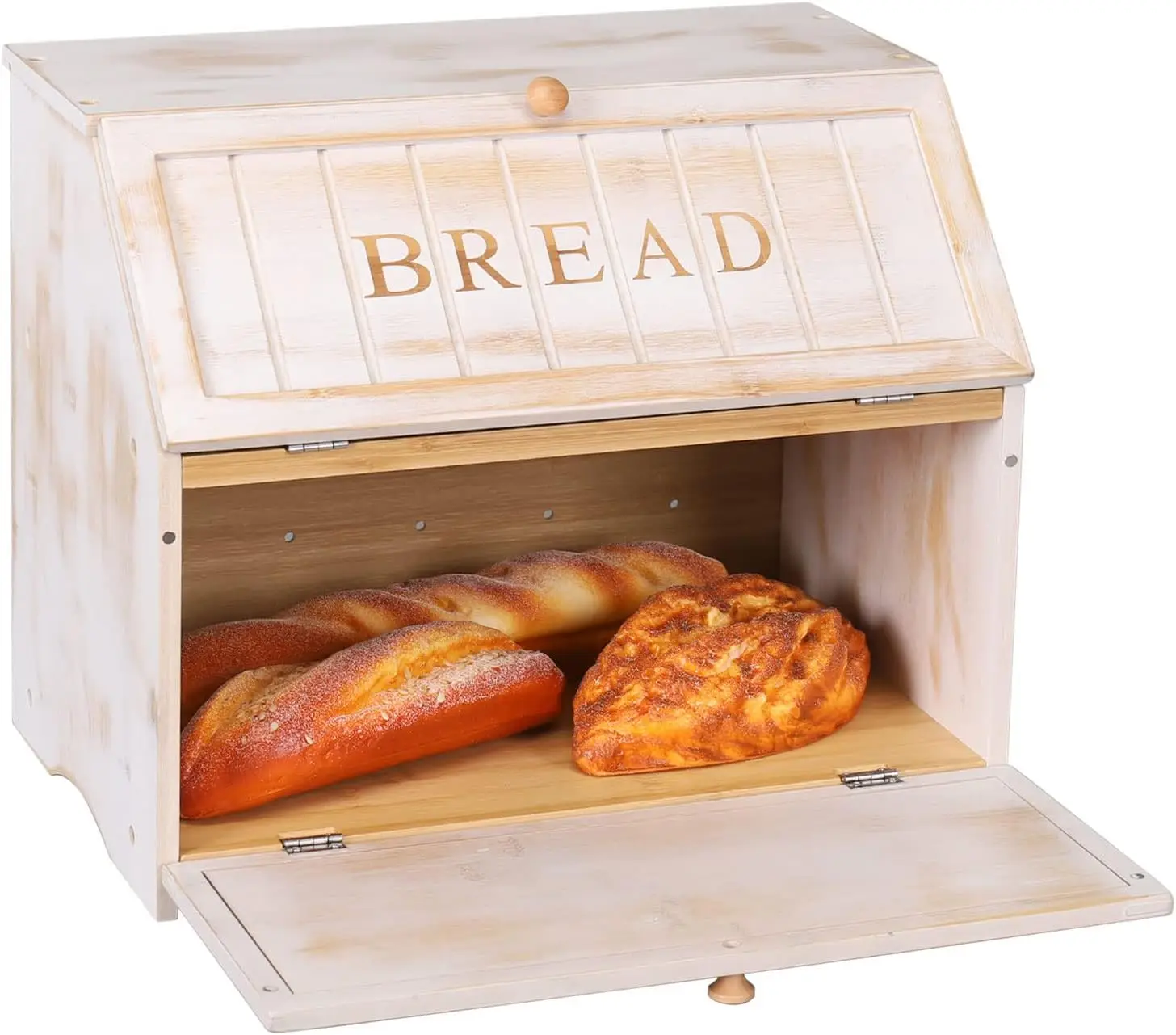 

Vintage Double Layer Large Bread Box, Retro Wooden Kitchen Storage with High Capacity (White)