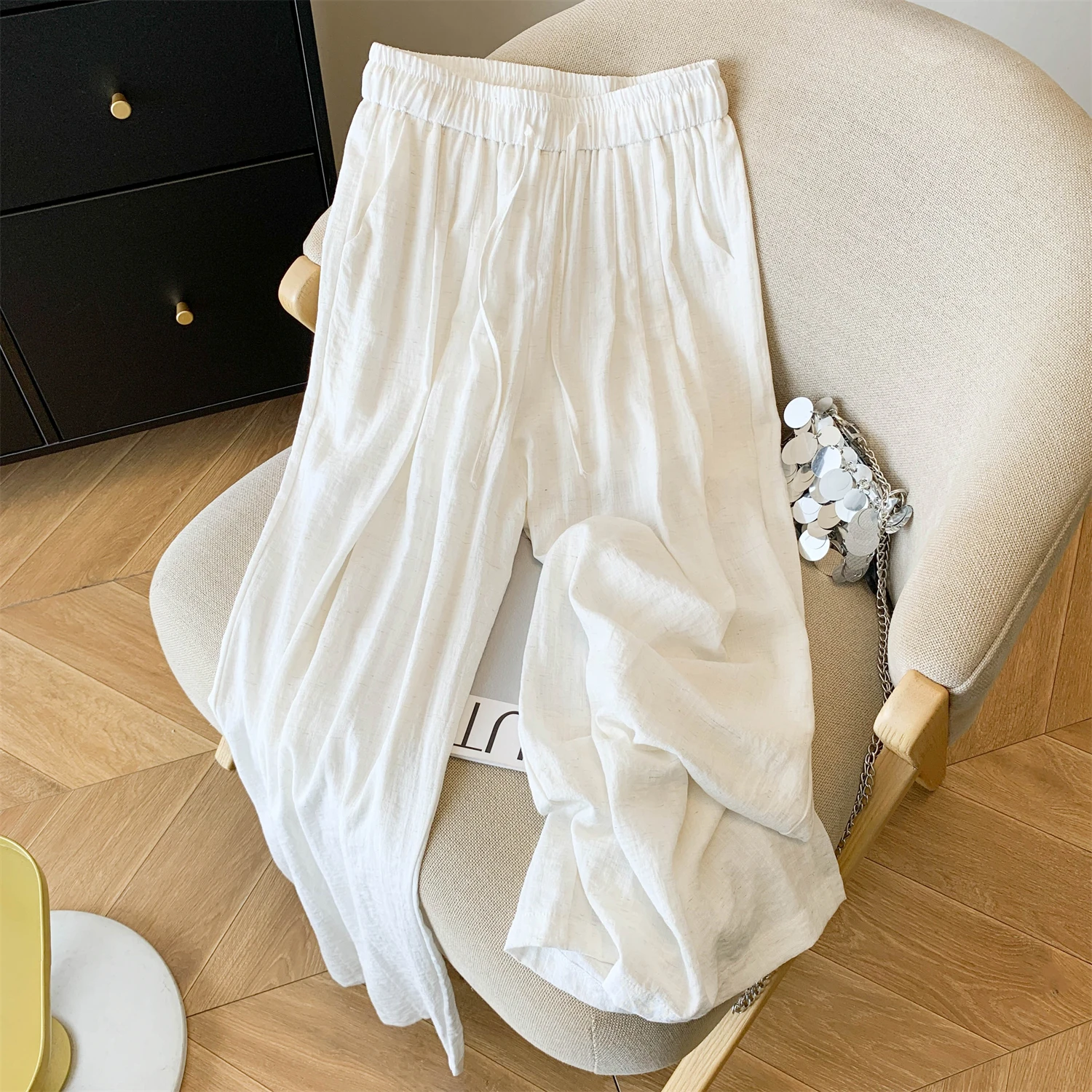 

High Waist Wide Leg Cotton Linen Pants Women's Summer Thin Lazy Drape Casual Straight Leg Pants Korean Style Pocket Design