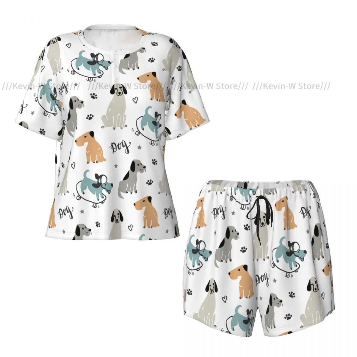 Women Pajamas Homewear Set Hand Drawn Dogs Pattern Short-Sleeved Two-Piece Set Girl Nightwear Loungewear Sleepwear