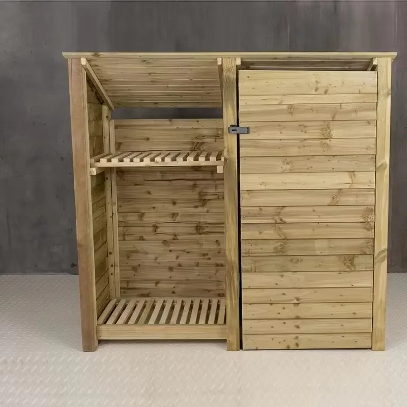 Heavy Wooden Garden Shed Storage Organizer Waterproof Outdoor Timber Tool Cabinet with Lockable Door and Firewood Log