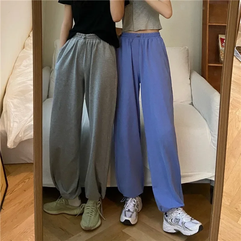 Pantalones de correr sencillos para mujer, de colores sólidos de cintura alta Pantalón deportivo, estilo Preppy, holgado, informal, de pierna ancha, Chic