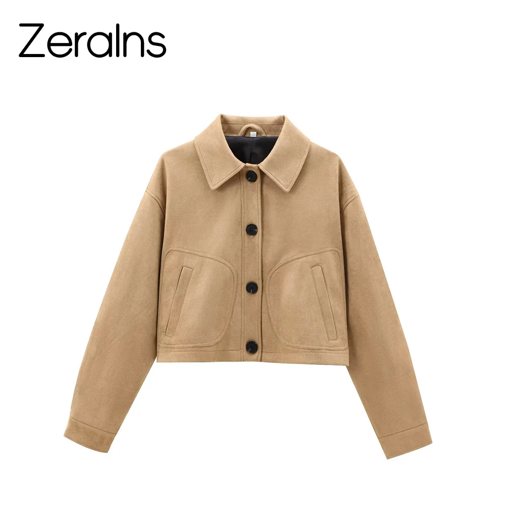 

ZERAINS новая осенне-зимняя женская кожаная повседневная бархатная куртка из оленьей кожи с короткими рукавами и лацканами