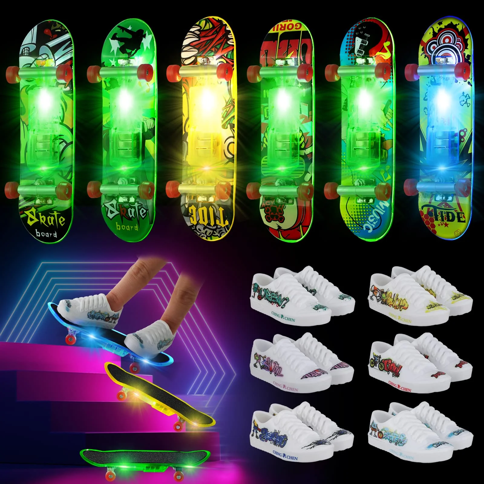 12/24 Pcs Light up Mini Finger Skateboards Mini Finger Shoes Toys Set LED Fingerboard Mini Skateboards