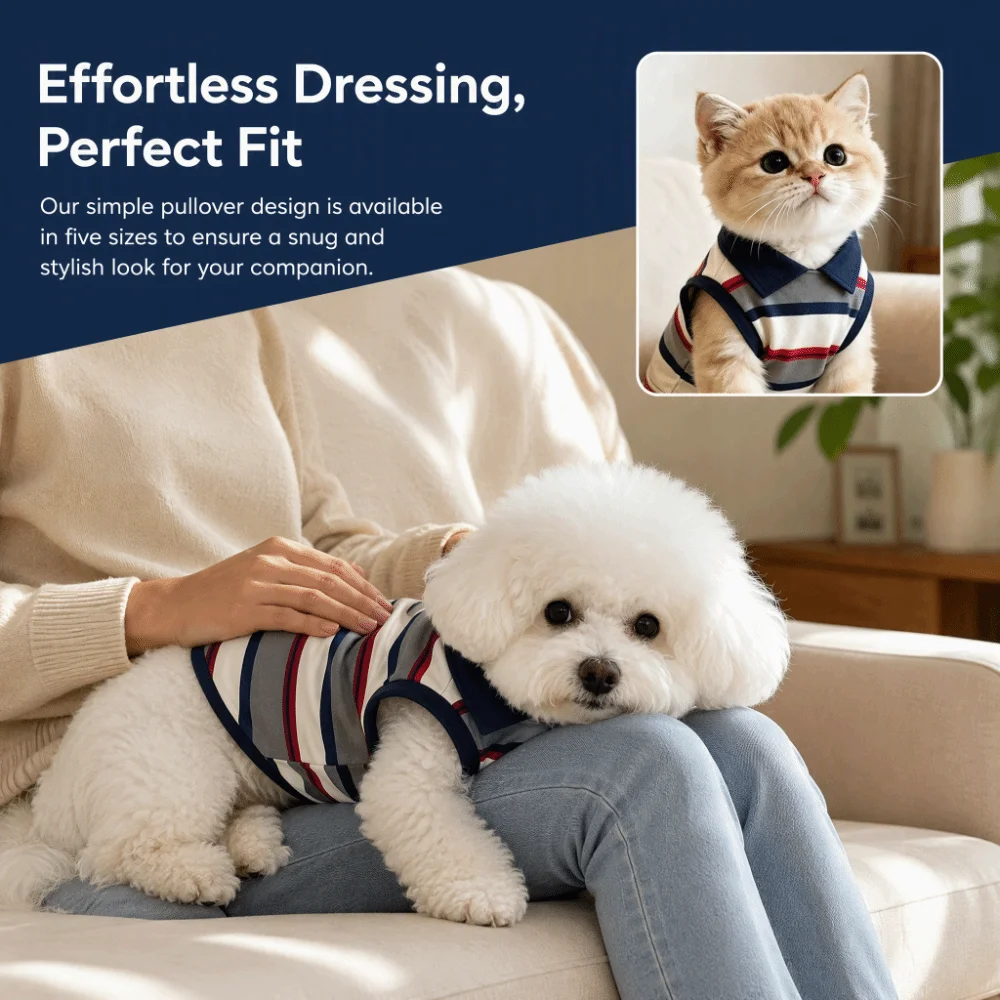 Neues gestreiftes Haustier-Poloshirt, modisches, atmungsaktives Katzen-Poloshirt, waschbarer Haustierpullover für Welpen – Detail 3