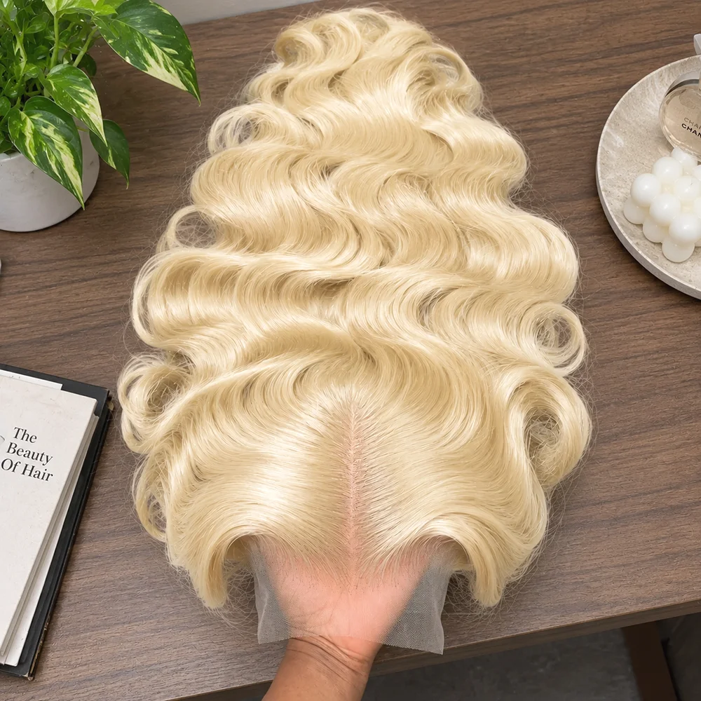 Parrucca con frangia in pizzo, lunghezza 36 pollici, colore biondo 613, capelli umani, modello «body wave», qualità 12A, capelli brasiliani, frangia in pizzo HD 13x6, precolorata, con ciuffetti
