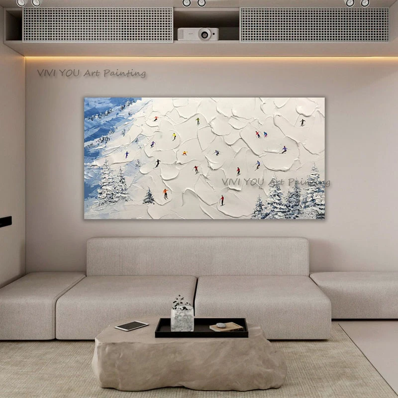 Minimalist Snow Ski Slope Canvas Wall Art Hand Painted Impasto Pine Tree Scenery Oil Painting Artwork Living Room Decor
