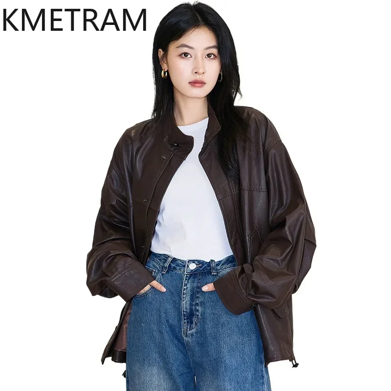 Real Sheepskin Leather Jacket Women Vintage Brown Jackets 2024 Fashion New in Outerwears Autumn Winter Clothes дубленка женская