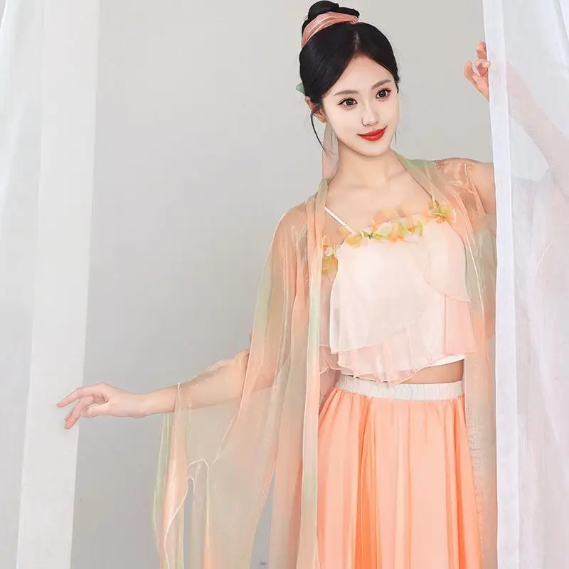 여성을 위한 클래식 댄스 의상, 우아하고 요정 같은 중국 스타일의 큰 소매와 긴 소매, 그리고 우아한