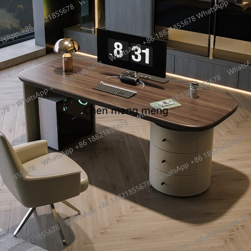 Fashion Wooden Rounded Corner Desk with Drawer Storage Cabinet,Contemporary Writing Table for Home Office  or Study Room