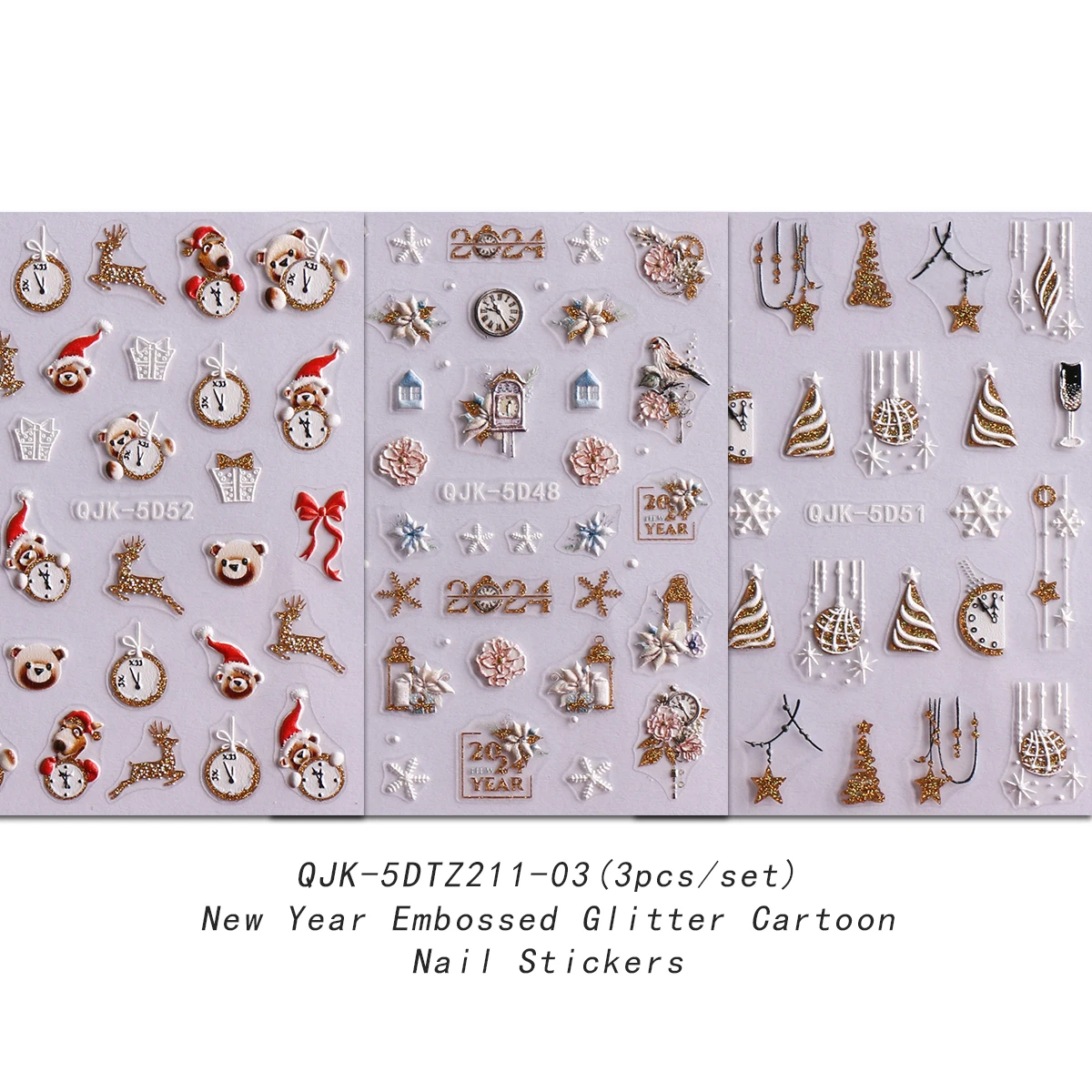 3pcs Christmas and New Year cartoon nail art embossed stickers, easy to apply for nail decoration, DIY, gifts, party makeup styl