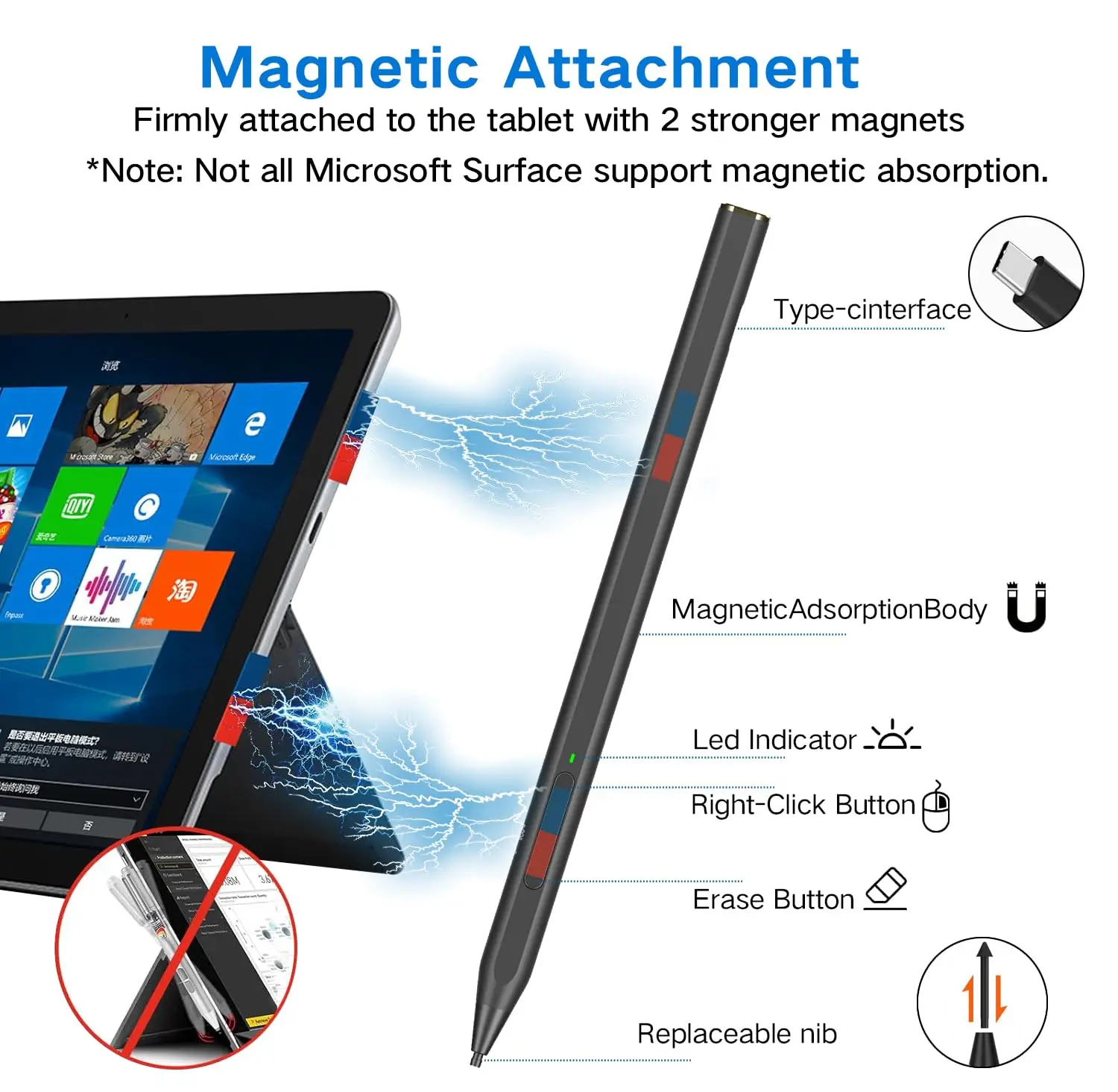 Stylus Pen with Eraser Side Button 4096 Pressure Sensitivity for Microsoft Surface Compatible for Surface Pro 11/10/9/8/7/7+/6/5