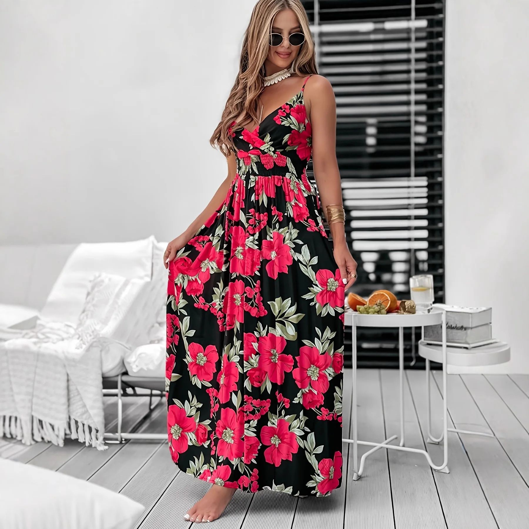 بالإضافة إلى حجم المألوف سليم صالح فستان طويل عميق الخامس الرقبة طباعة عطلة نمط فستان بدون حمالات نسيج البوليستر منتصف طول ألف خط...