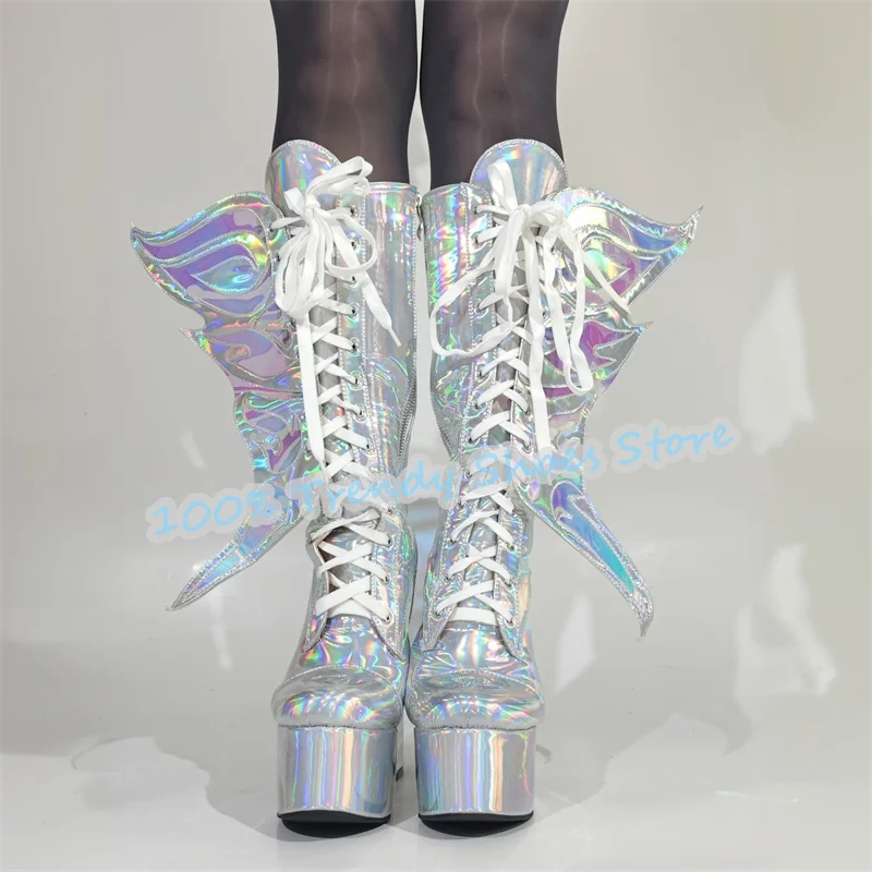 Fantasy Silver Butterfly Wings Decor Knee High Women Boots Punk Chunky Platform Square High Heel Lace-Up Knight Boots for Lady