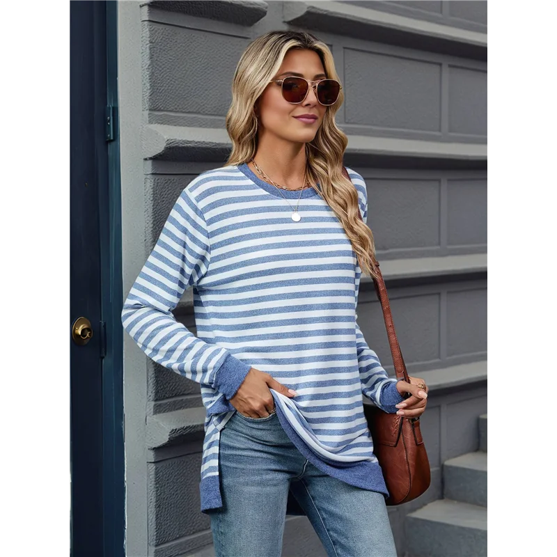 

ABP-Womens Casual Striped Long Sleeve Shirt Trendy Crew Neck Slim Loose Fit Basic Blouses Tops