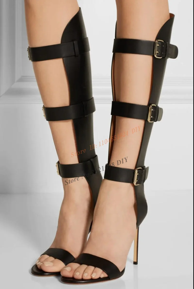 Gladiator Sandals Black Leather Open Toe High Heel Stiletto Buckle Strap Knee-High Boots Sexy Party Trendy Luxury Sandals
