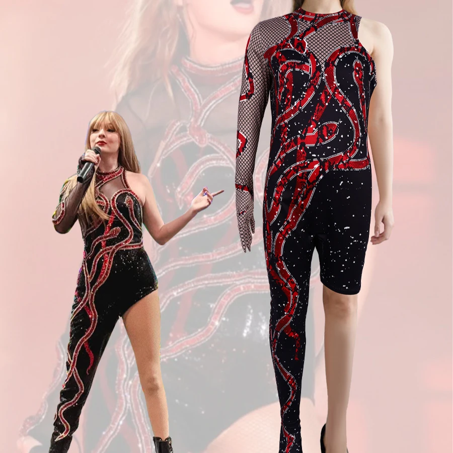 Taylor Cosplay Swift Eras Tour Sparkles 3D Print Costume Sexy Black One-legged Snake Jumpsuit Halloween Bodysuit for Women Girls