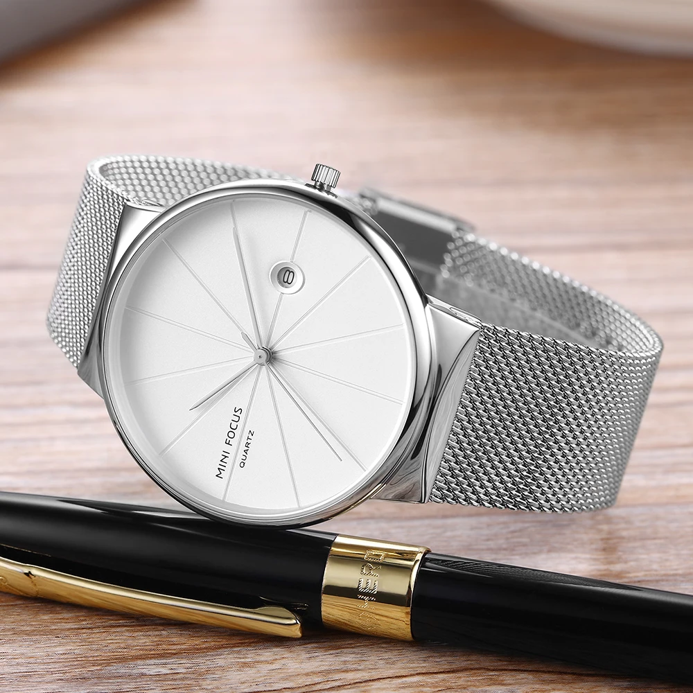 MINI FOCUS 0176 العلامة التجارية الأنيقة ساعة كوارتز الرجال رقيقة جدا الهاتفي التقويم مقاوم للماء الصلب حزام موضة ساعات الأعمال للرجل