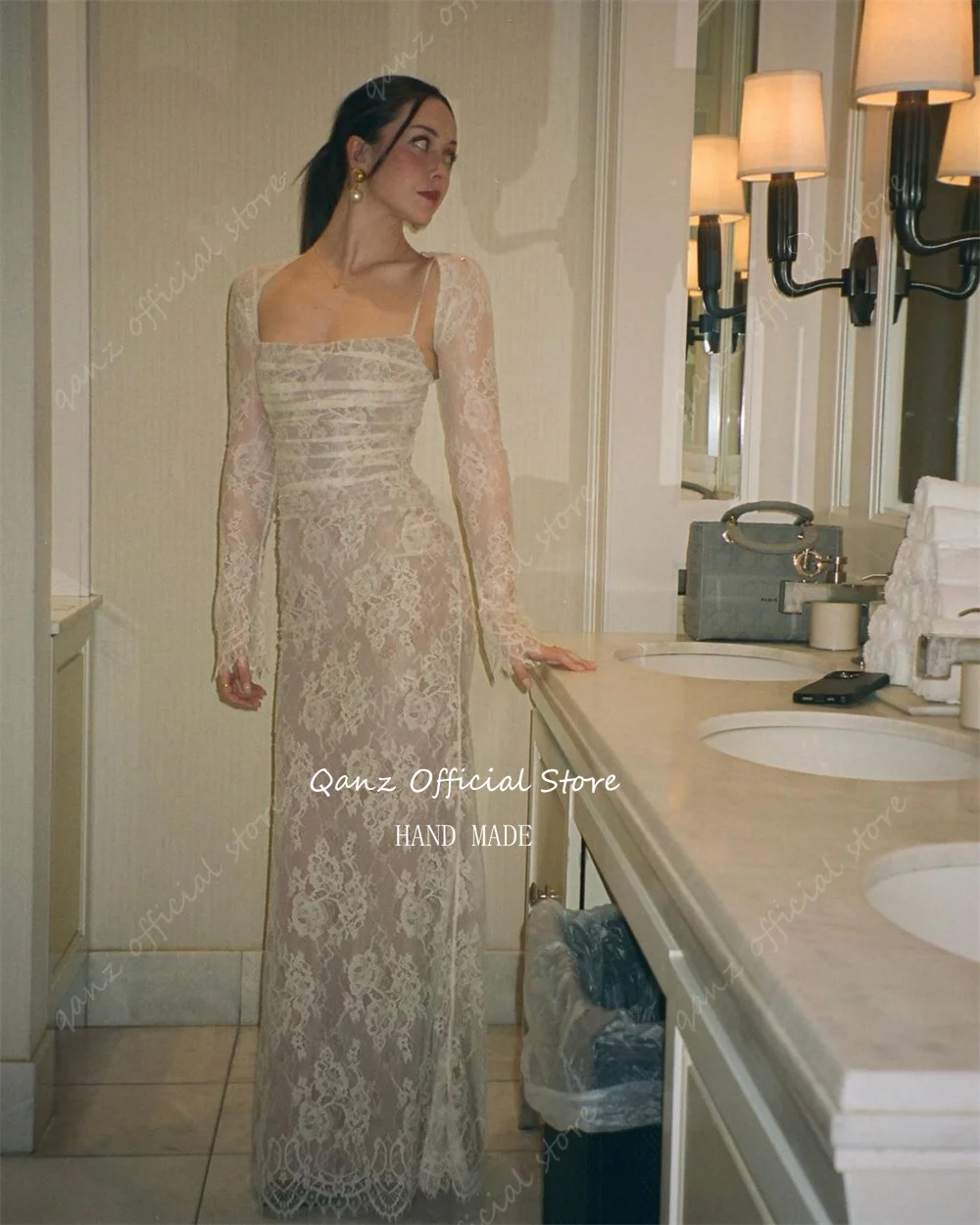 Qanz Lace Wedding Dresses Tulle Mermaid Appliques Robes De Mariée Long Sleeves Spaghetti Straps Vestido De Novia 2024 Customized