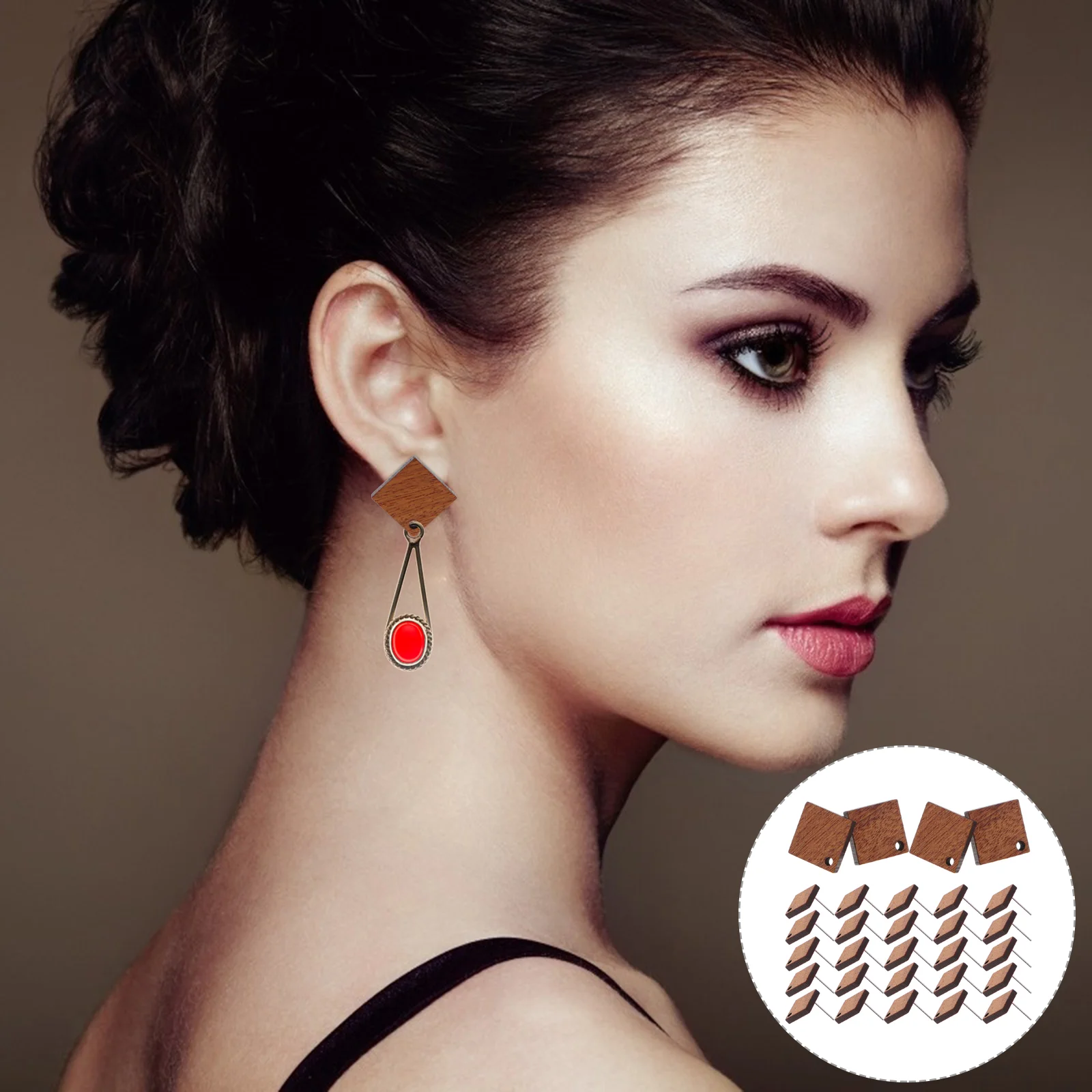 30 Pcs Geometric Wooden Ear Studs Long-lasting Earrings Post Jewelry Coffee-colored Material Small Fine Workmanship