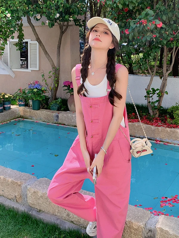 กางเกงลายทางสีชมพูหวานแหวว ช่วยชะลอวัย สำหรับผู้หญิง ฤดูร้อน ผ้าบาง ทรงเข้ารูป สาวหวาน สไตล์นักศึกษา จั๊มสูทเอวสูง ทรงตรง...